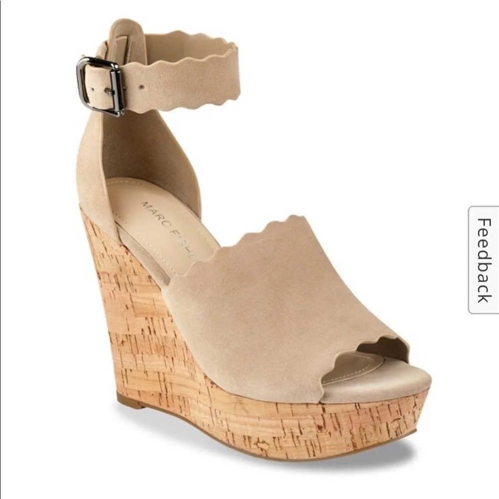 Marc Fisher Hayo Dark Natural Suede Scallop Edge Wedges Sandals Size 8.5